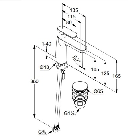 Смеситель KLUDI LOUVA 242885375 для раковины на одно отверстие однорычажный с донным клапаном