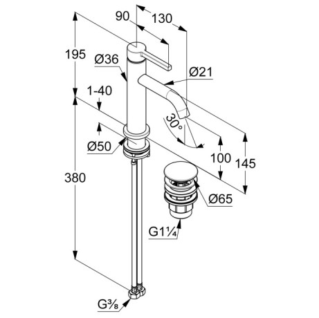 KLUDI NOVA FONTE Pura, однорычажный смеситель на умывальник 100, арт. 20288N515