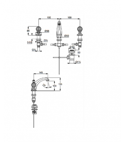 Смеситель KLUDI ADLON 5104345G4 для раковины на три отверстия двухвентильный хрустальные рукоятки «Made with Swarovski® Elements» позолоченный 23 кар