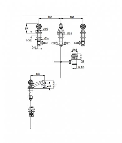 Смеситель KLUDI ADLON 5104645G4 для раковины на три отверстия двухвентильный низкий излив хрустальные рукоятки «Made with Swarovski® Elements» позолоченный 23 кар