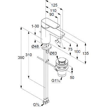 Смеситель KLUDI PURE&STYLE 403820575 для раковины на одно отверстие однорычажный с донным клапаном