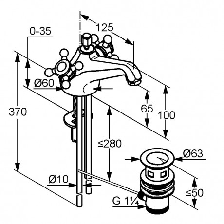 Смеситель KLUDI ADLON 510120520 для раковины на одно отверстие двухвентильный с донным клапаном