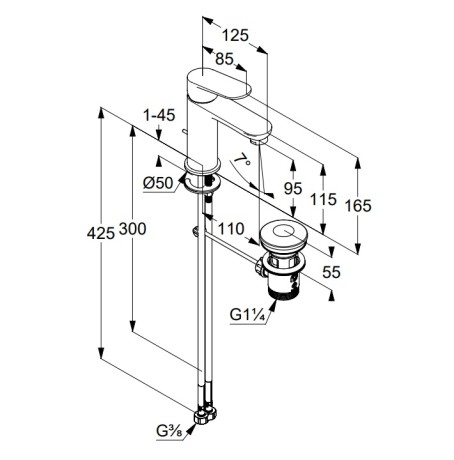 Смеситель KLUDI X1 322883975 для раковины на одно отверстие однорычажный с донным клапаном